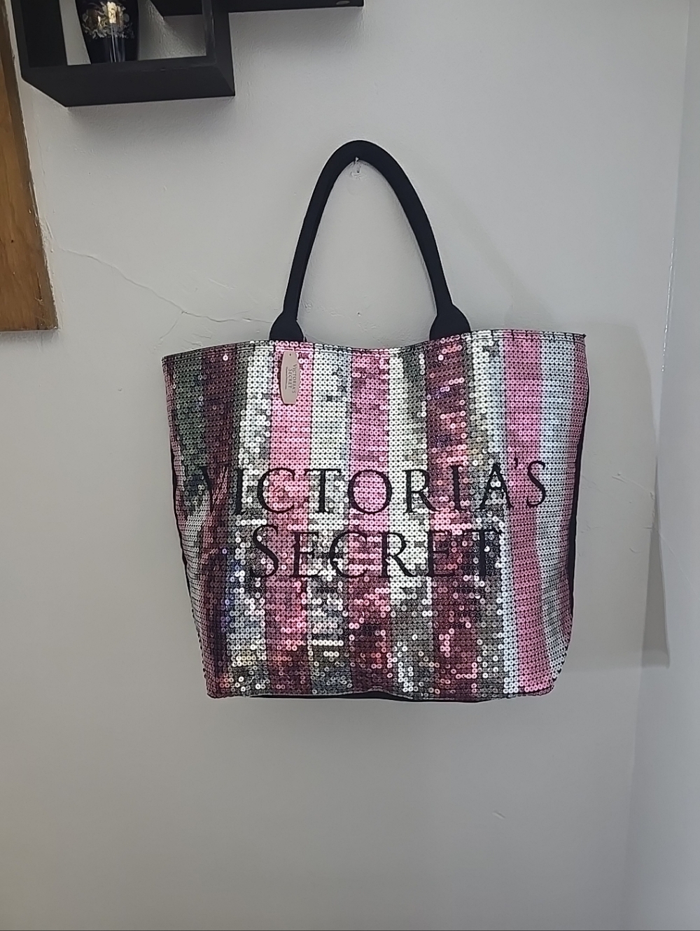 Victoria's Secret Pink and Silver Sequin Stripe Zip Top Tote NWT